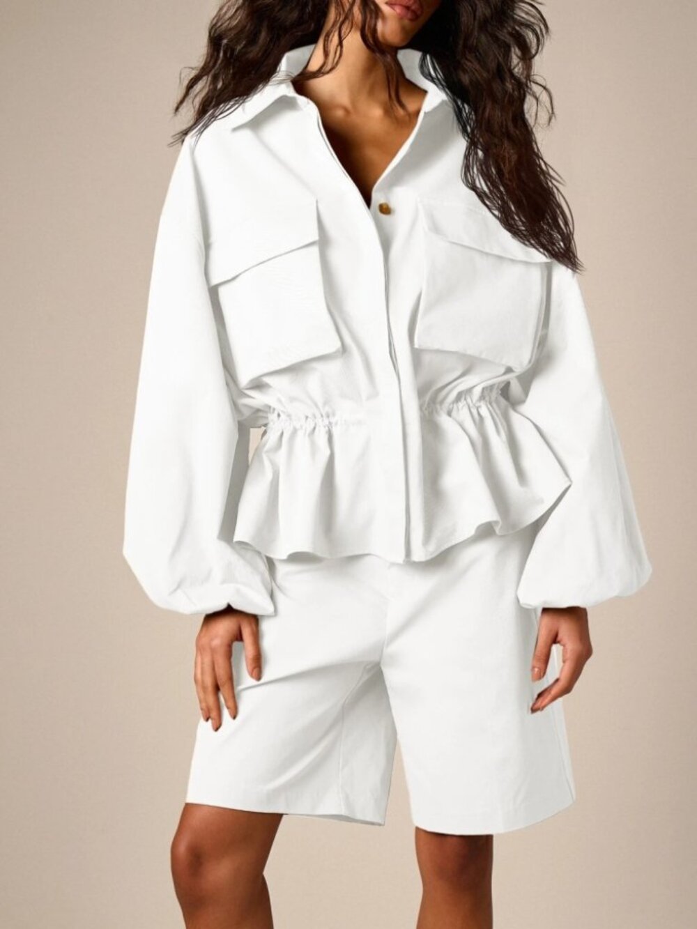 White Peplum Cargo Jacket with Cinched Waist - Picture 6 of 6